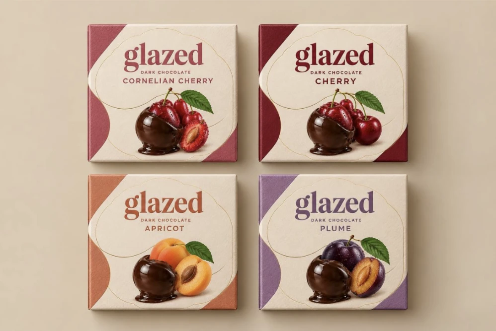 Four Glazed packaging concepts shown together; assorted packaging is pending