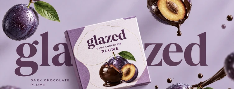 Glazed plum packaging reference on a lilac background